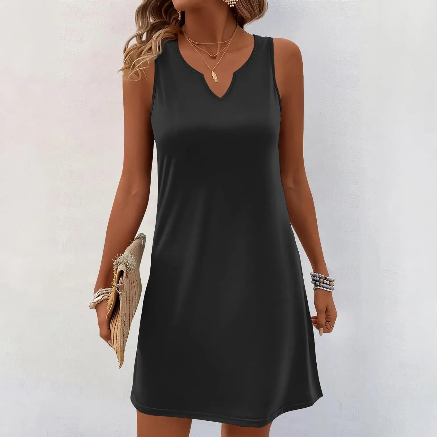 Summer Dresses for Women V-Neck Sundresses Sleeveless Loose Sleep Dress Beach Tank Dress Printed Casual T Shirt Dresses