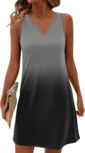 Summer Dresses for Women V-Neck Sundresses Sleeveless Loose Sleep Dress Beach Tank Dress Printed Casual T Shirt Dresses