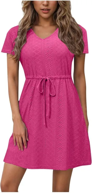 Sun Dresses for Women 2025 Vacation Casual Summer Short Sleeve Dress V-Neck Tie Waist Eyelet Beach Sundresses