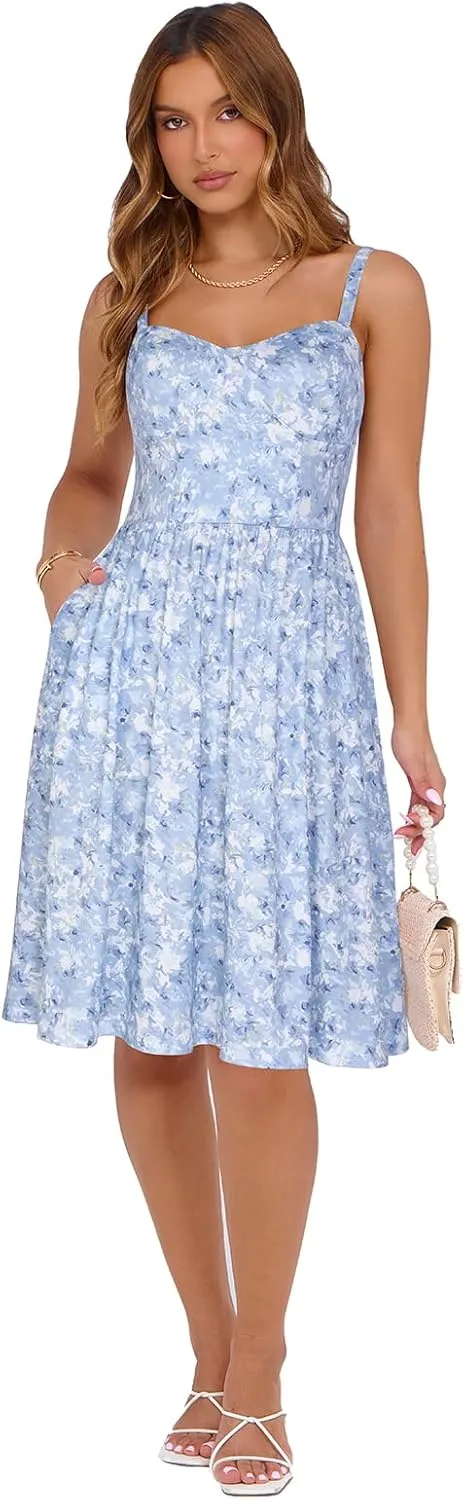 Sureple Women's Corset Summer Casual Dresses Spaghetti Strap Knee Length Sleeveless Swing Aline Sundress with Pockets