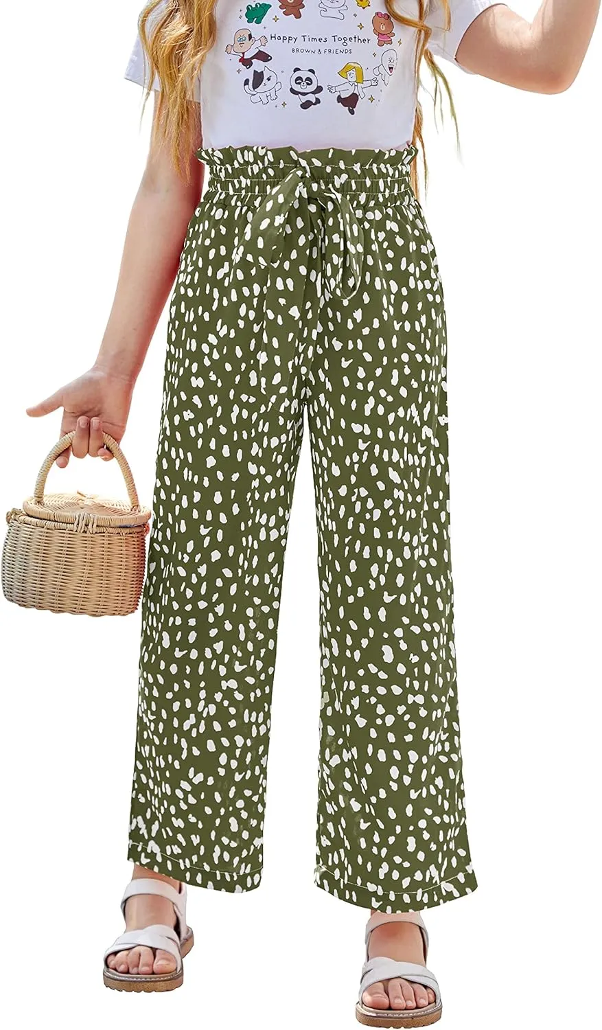 SySea Girls Wide Leg Pants Kids Cute Print High Waisted Loose Fit Comfy Belted Lounge Trousers with Pockets