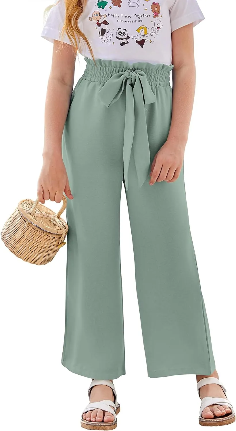 SySea Girls Wide Leg Pants Kids Cute Print High Waisted Loose Fit Comfy Belted Lounge Trousers with Pockets