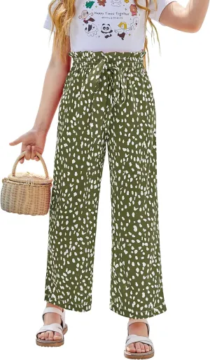 SySea Girls Wide Leg Pants Kids Cute Print High Waisted Loose Fit Comfy Belted Lounge Trousers with Pockets