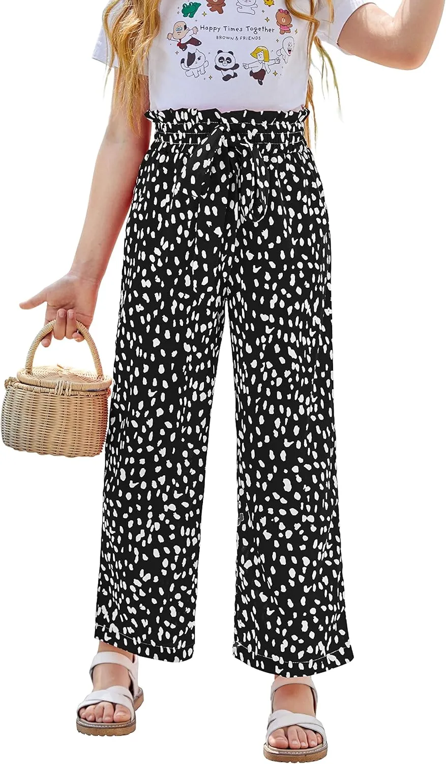 SySea Girls Wide Leg Pants Kids Cute Print High Waisted Loose Fit Comfy Belted Lounge Trousers with Pockets