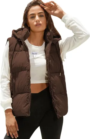 Tanming Black Puffer Vest Women Zip Up Lightweight Sleeveless Winter Outerwear Vests with Hood