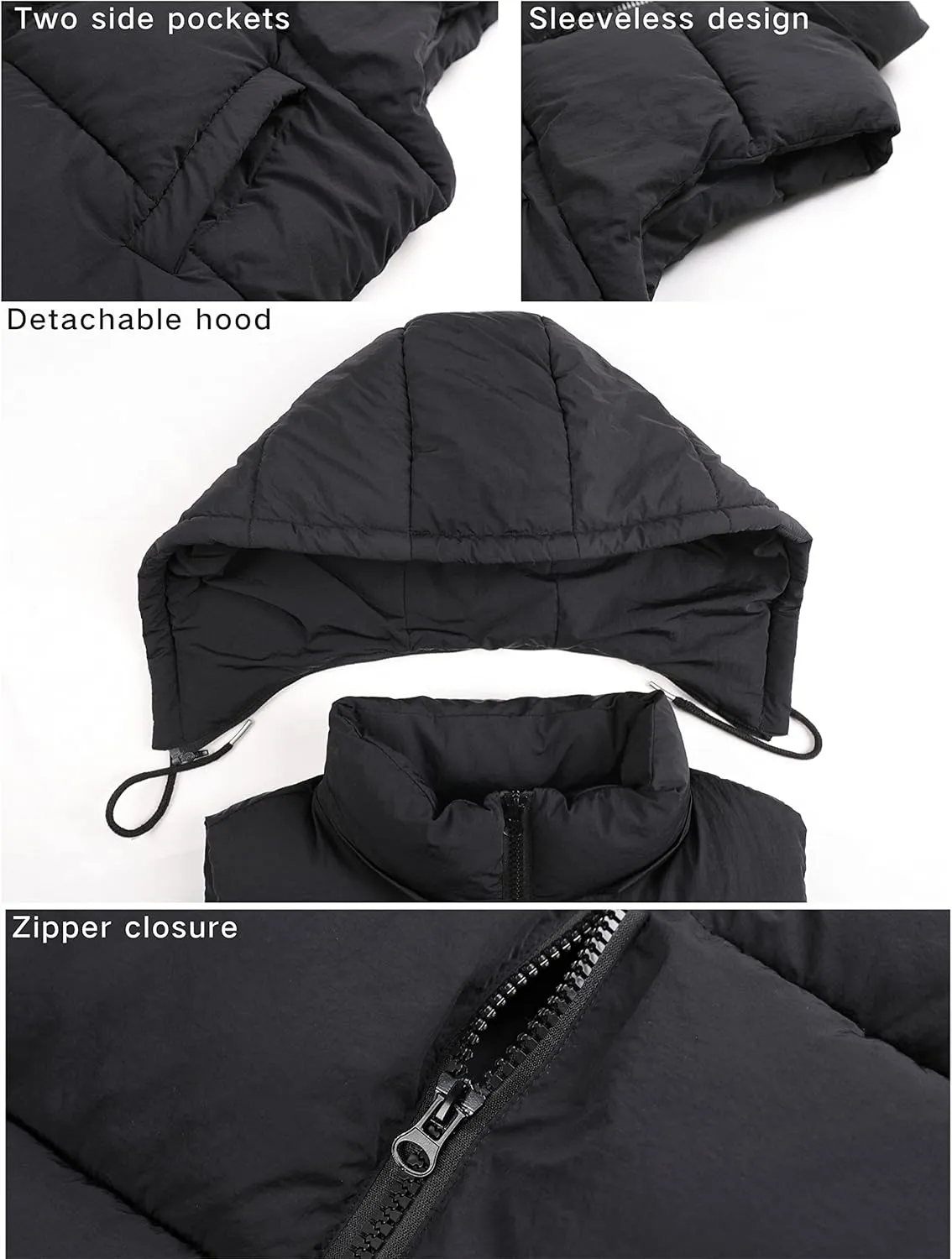 Tanming Black Puffer Vest Women Zip Up Lightweight Sleeveless Winter Outerwear Vests with Hood