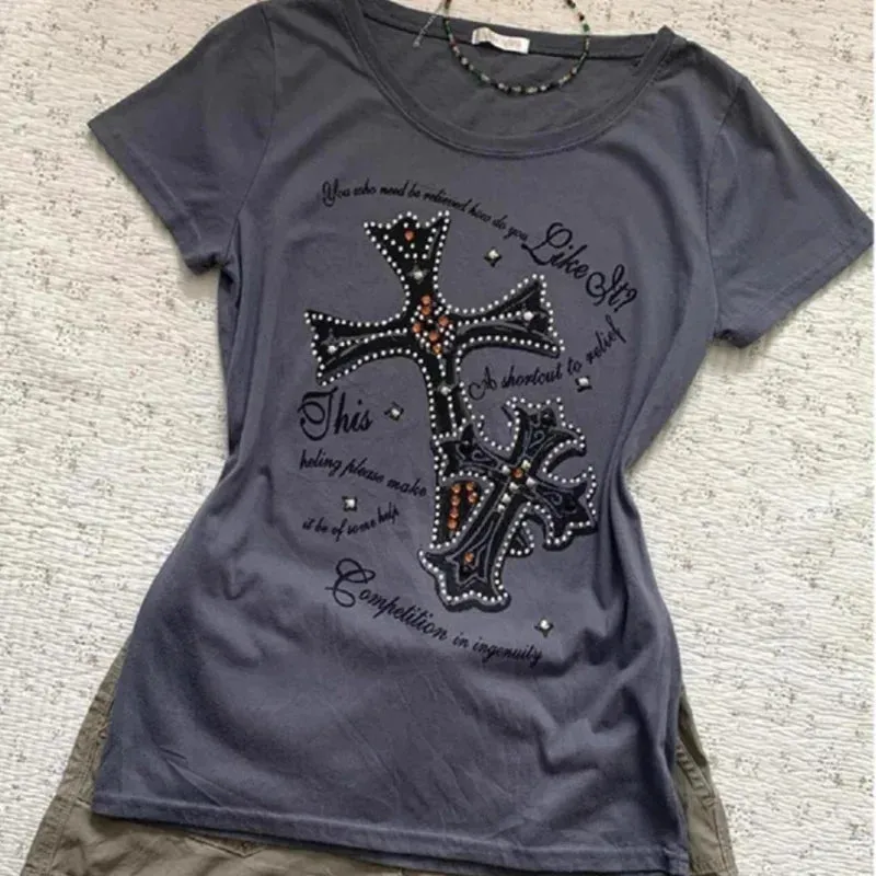 TAVIMART  -  Grey Cross Printed Short-sleeved T-shirt Retro Casual Chic Fashion Women Top Summer 2024 Vintage Simple Luxury Harajuku Tees