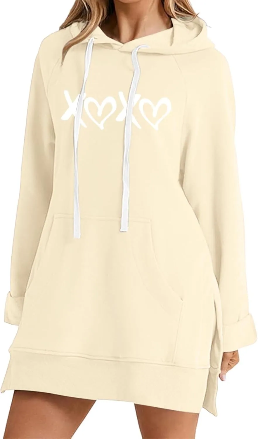 The Warmy Oversized Hoodie Dress,Valentine's Day Dress for Women with Pocket Funny Heart Print Split Hem Hoodies