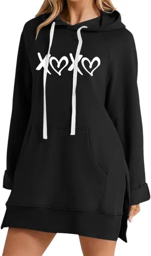 The Warmy Oversized Hoodie Dress,Valentine's Day Dress for Women with Pocket Funny Heart Print Split Hem Hoodies