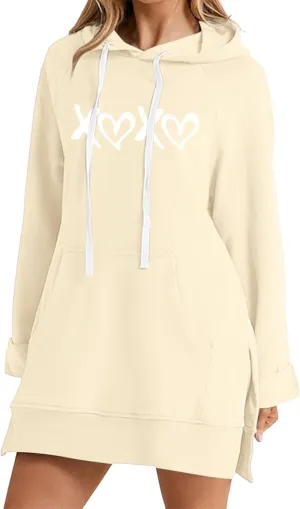 The Warmy Oversized Hoodie Dress,Valentine's Day Dress for Women with Pocket Funny Heart Print Split Hem Hoodies