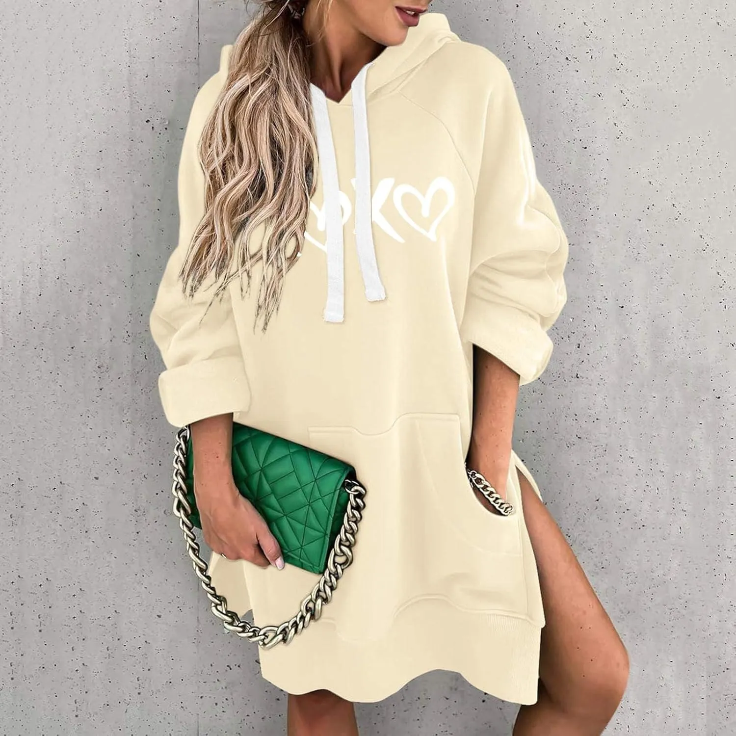 The Warmy Oversized Hoodie Dress,Valentine's Day Dress for Women with Pocket Funny Heart Print Split Hem Hoodies
