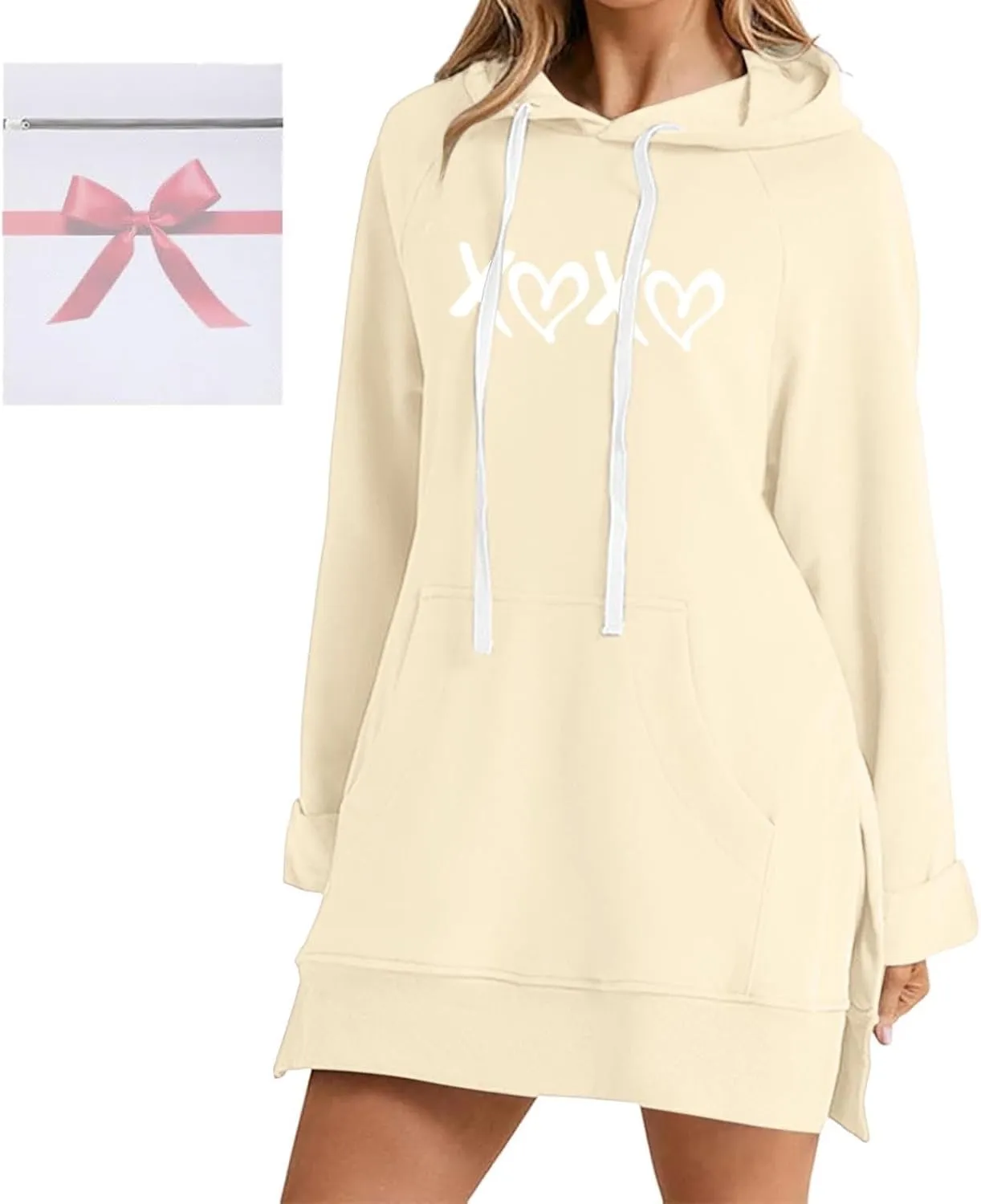 The Warmy Oversized Hoodie Dress,Valentine's Day Dress for Women with Pocket Funny Heart Print Split Hem Hoodies