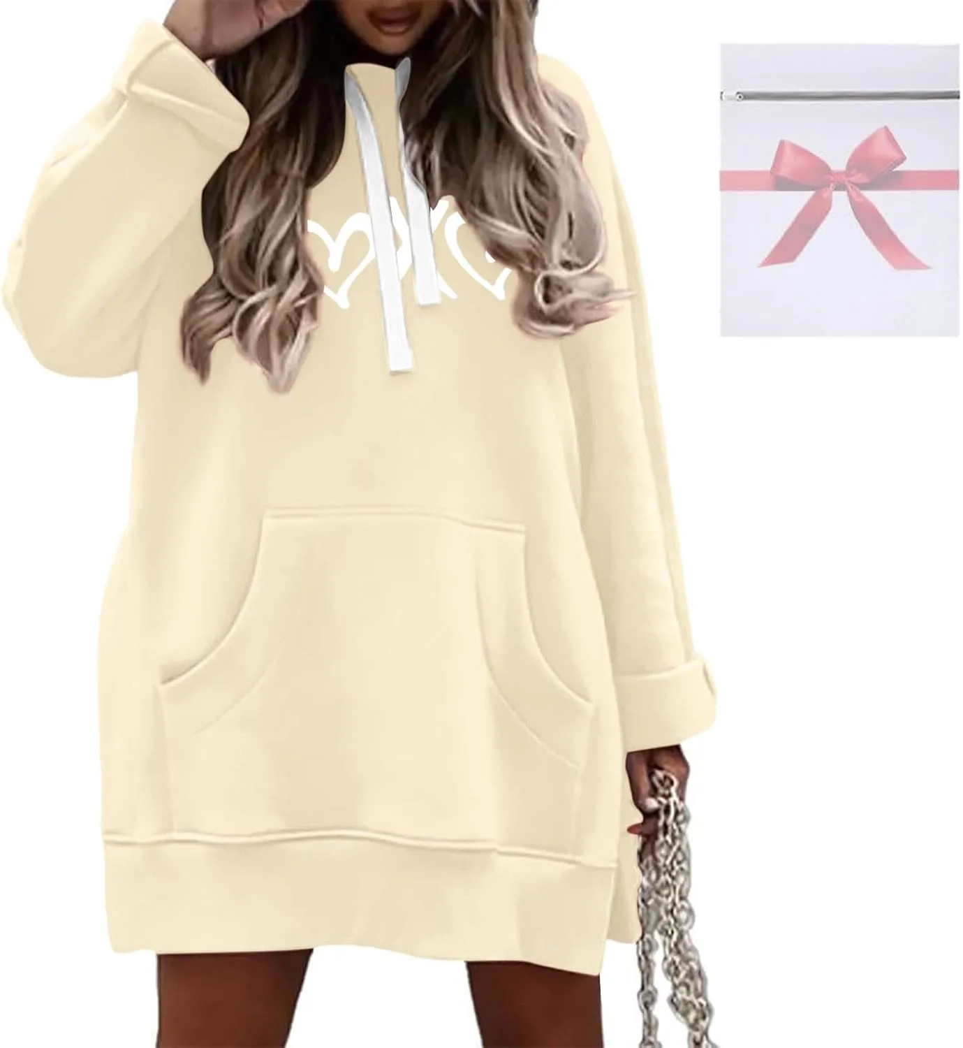 The Warmy Oversized Hoodie Dress,Valentine's Day Dress for Women with Pocket Funny Heart Print Split Hem Hoodies