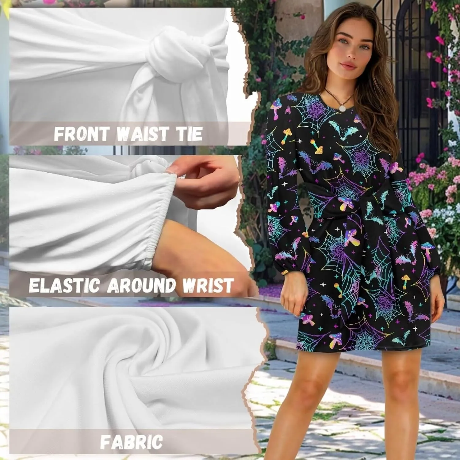 TODIYADDU Womens Long Sleeve Dress for Women Long Sleeve Tie Waist Elegant Cocktail Party Mini Fall Dresses Gifts Size S-XL