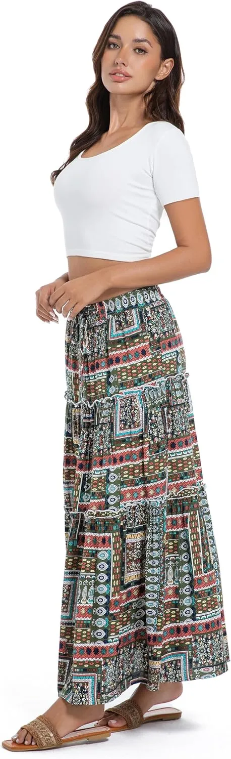 Tsher Women's Casual High Elastic Waist Ruffle Boho Pleated A-line Long Maxi Skirts 0333