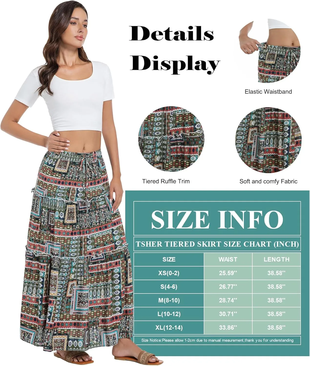 Tsher Women's Casual High Elastic Waist Ruffle Boho Pleated A-line Long Maxi Skirts 0333