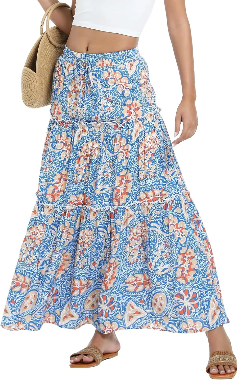 Tsher Women's Casual High Elastic Waist Ruffle Boho Pleated A-line Long Maxi Skirts 0333