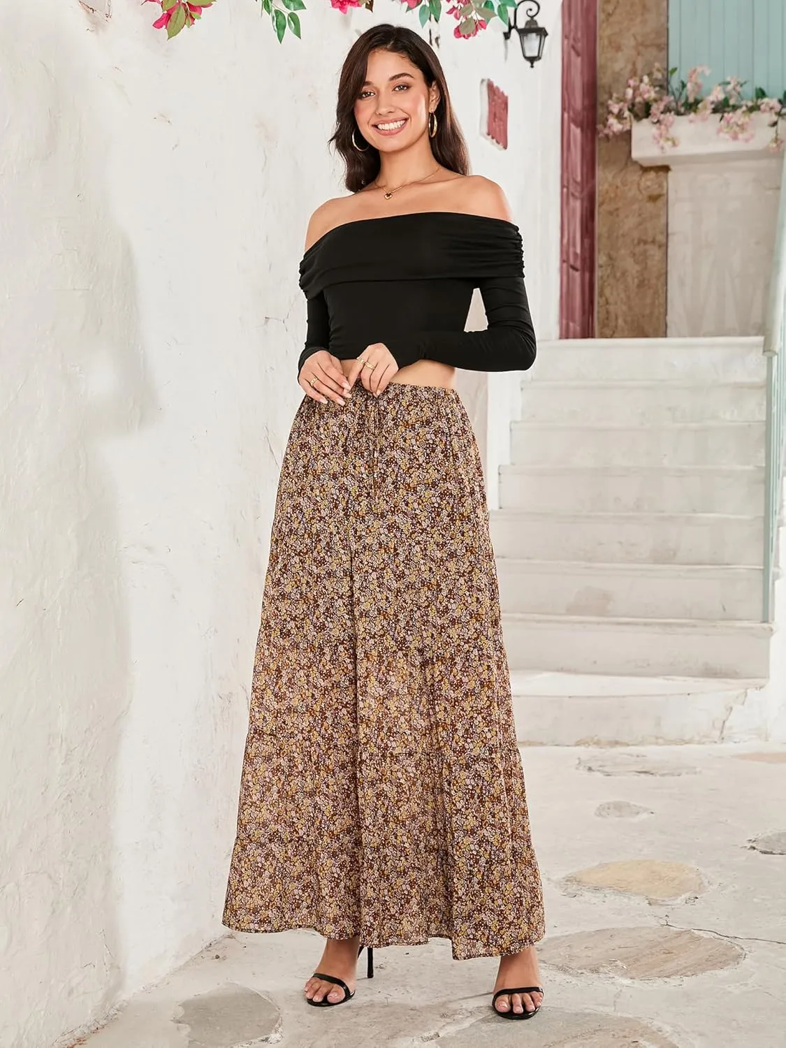 Tsher Women's Casual High Elastic Waist Ruffle Boho Pleated A-line Long Maxi Skirts 0333
