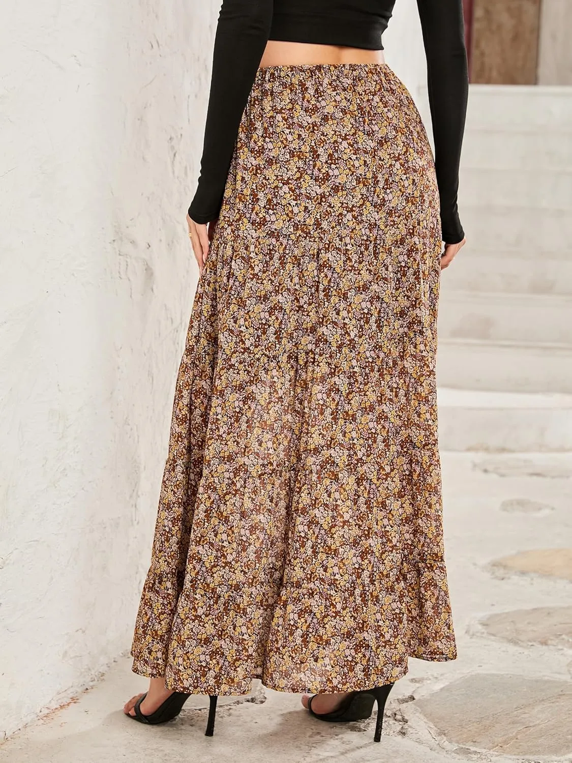 Tsher Women's Casual High Elastic Waist Ruffle Boho Pleated A-line Long Maxi Skirts 0333