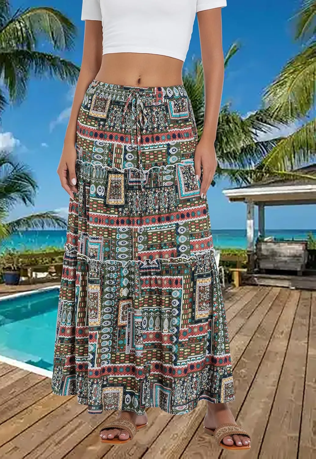 Tsher Women's Casual High Elastic Waist Ruffle Boho Pleated A-line Long Maxi Skirts 0333
