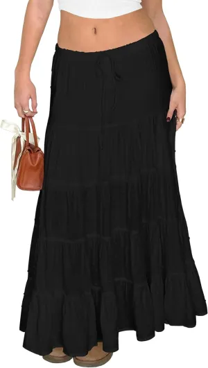 Tsher Women's Casual High Elastic Waist Ruffle Boho Pleated A-line Long Maxi Skirts 0333