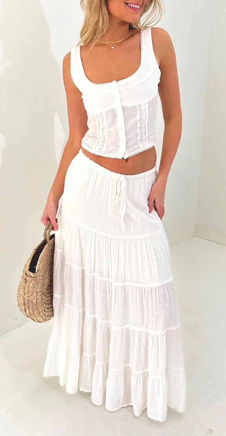 Tsher Women's Casual High Elastic Waist Ruffle Boho Pleated A-line Long Maxi Skirts 0333