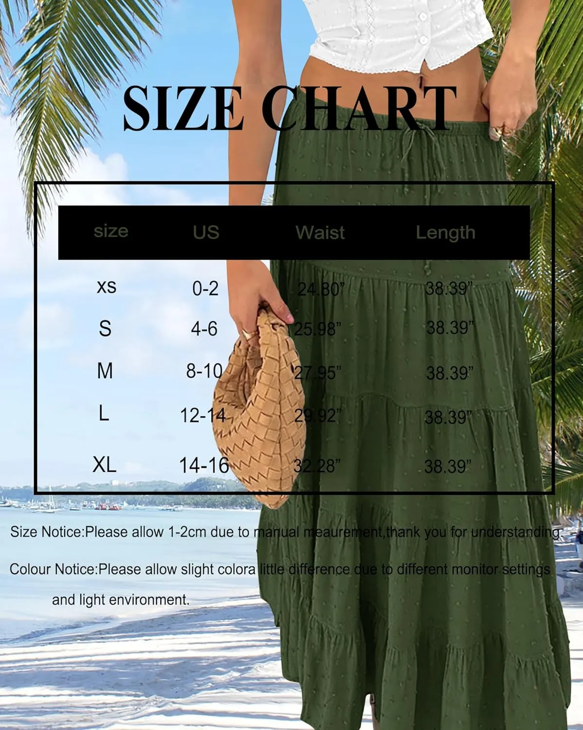 Tsher Women's Casual High Elastic Waist Ruffle Boho Pleated A-line Long Maxi Skirts 0333