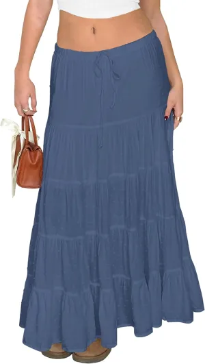 Tsher Women's Casual High Elastic Waist Ruffle Boho Pleated A-line Long Maxi Skirts 0333