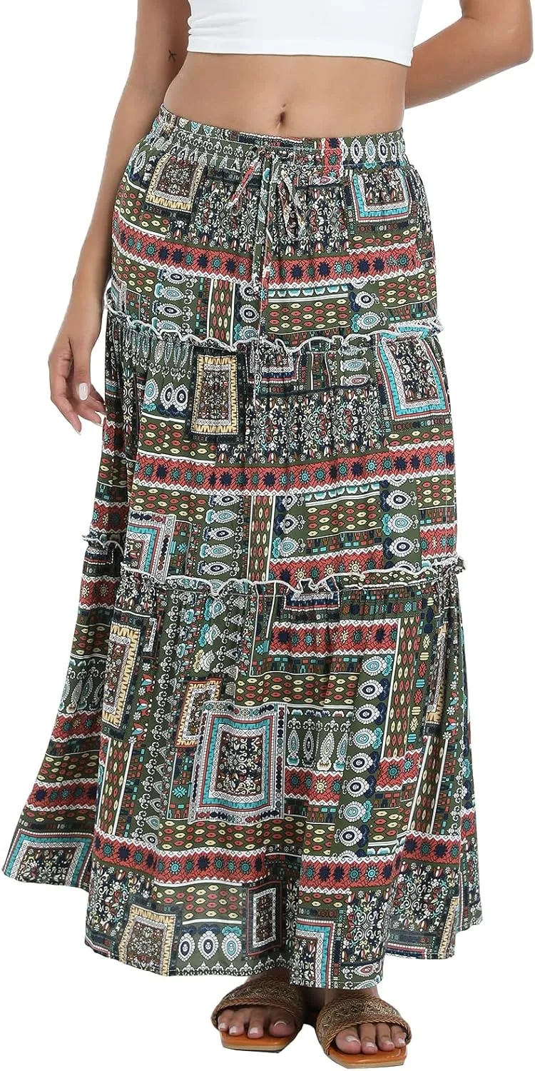 Tsher Women's Casual High Elastic Waist Ruffle Boho Pleated A-line Long Maxi Skirts 0333