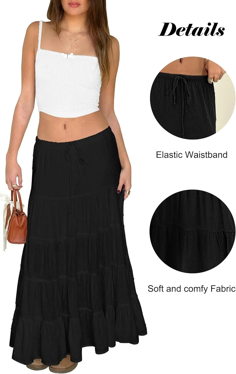 Tsher Women's Casual High Elastic Waist Ruffle Boho Pleated A-line Long Maxi Skirts 0333