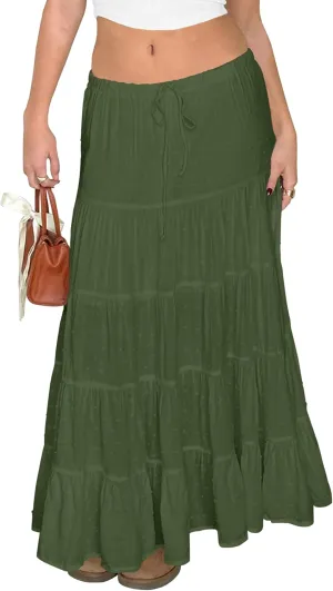 Tsher Women's Casual High Elastic Waist Ruffle Boho Pleated A-line Long Maxi Skirts 0333