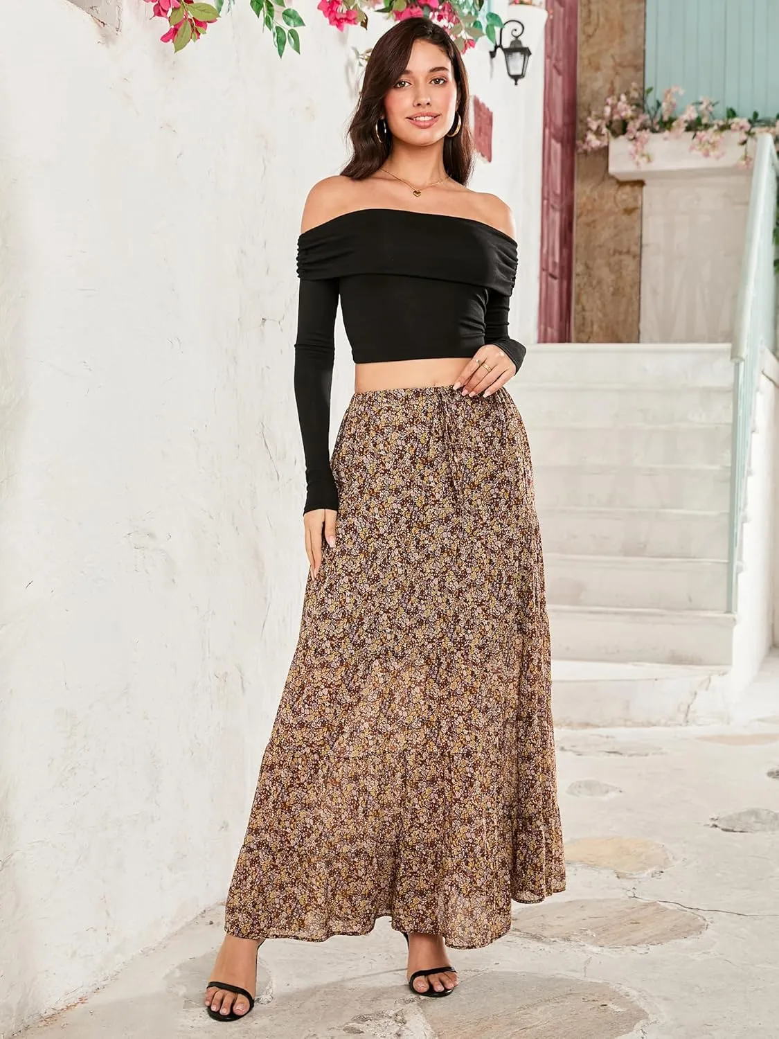Tsher Women's Casual High Elastic Waist Ruffle Boho Pleated A-line Long Maxi Skirts 0333
