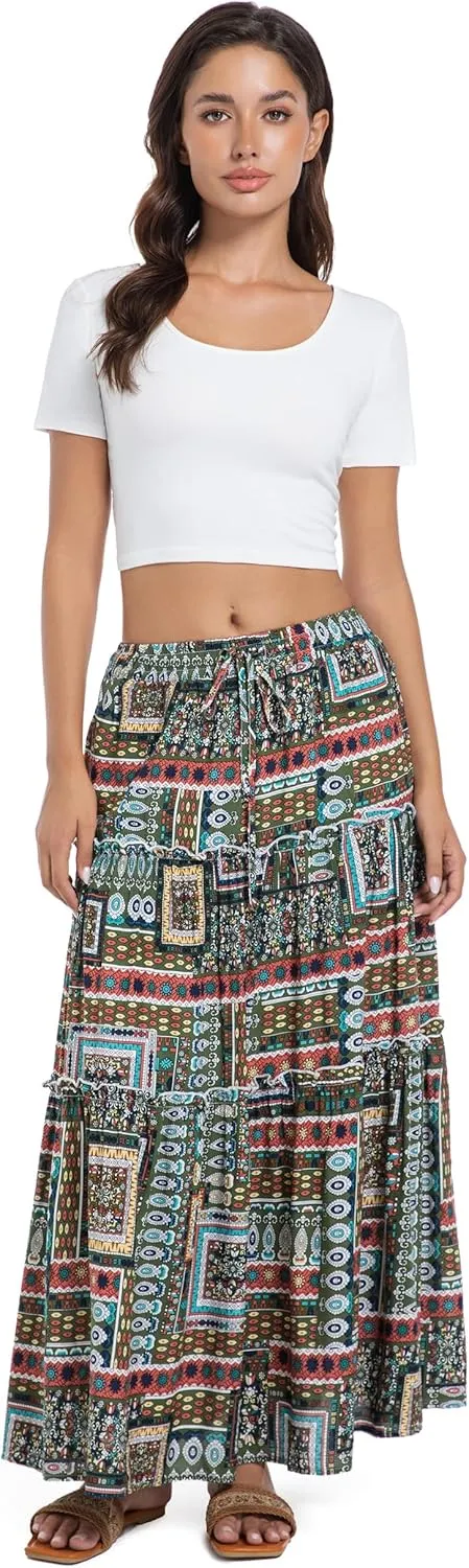Tsher Women's Casual High Elastic Waist Ruffle Boho Pleated A-line Long Maxi Skirts 0333