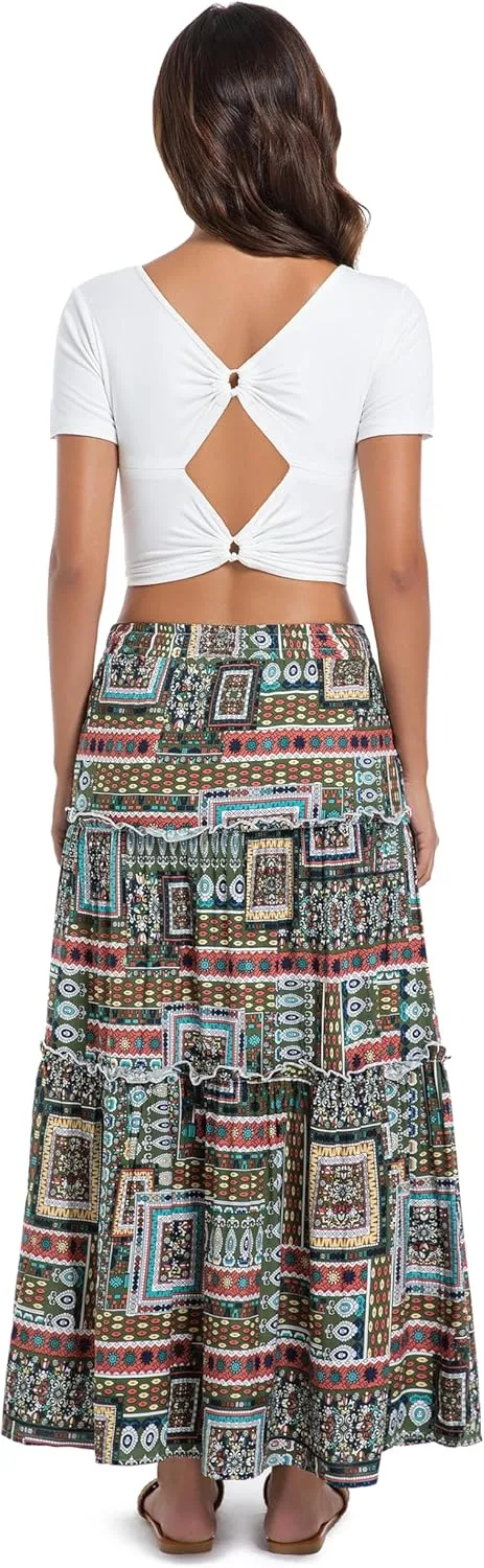 Tsher Women's Casual High Elastic Waist Ruffle Boho Pleated A-line Long Maxi Skirts 0333