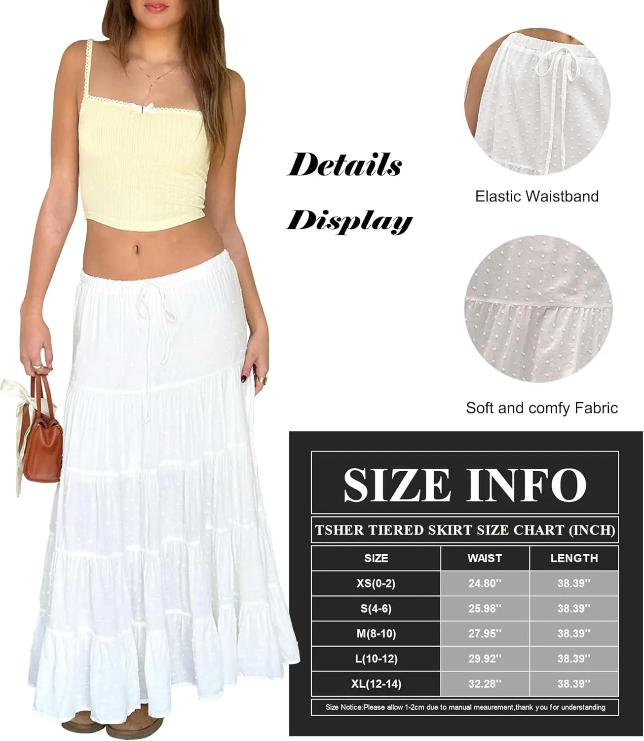 Tsher Women's Casual High Elastic Waist Ruffle Boho Pleated A-line Long Maxi Skirts 0333
