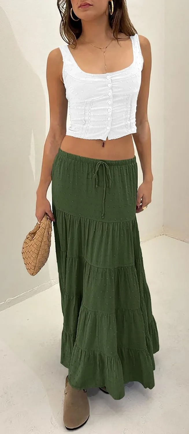 Tsher Women's Casual High Elastic Waist Ruffle Boho Pleated A-line Long Maxi Skirts 0333