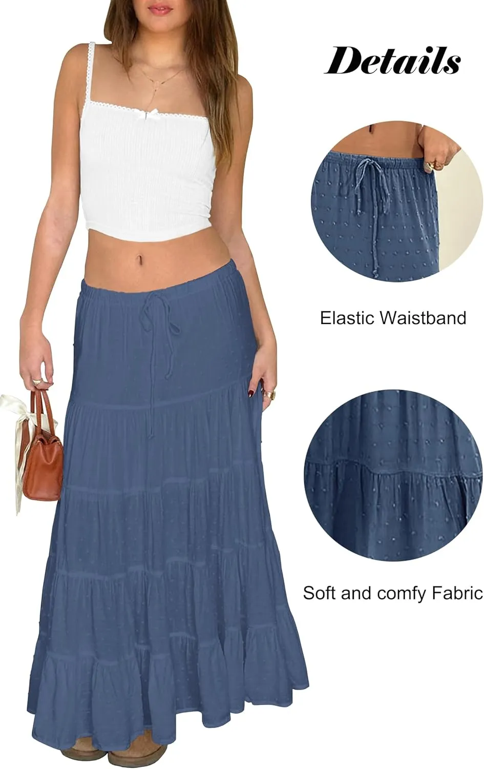 Tsher Women's Casual High Elastic Waist Ruffle Boho Pleated A-line Long Maxi Skirts 0333