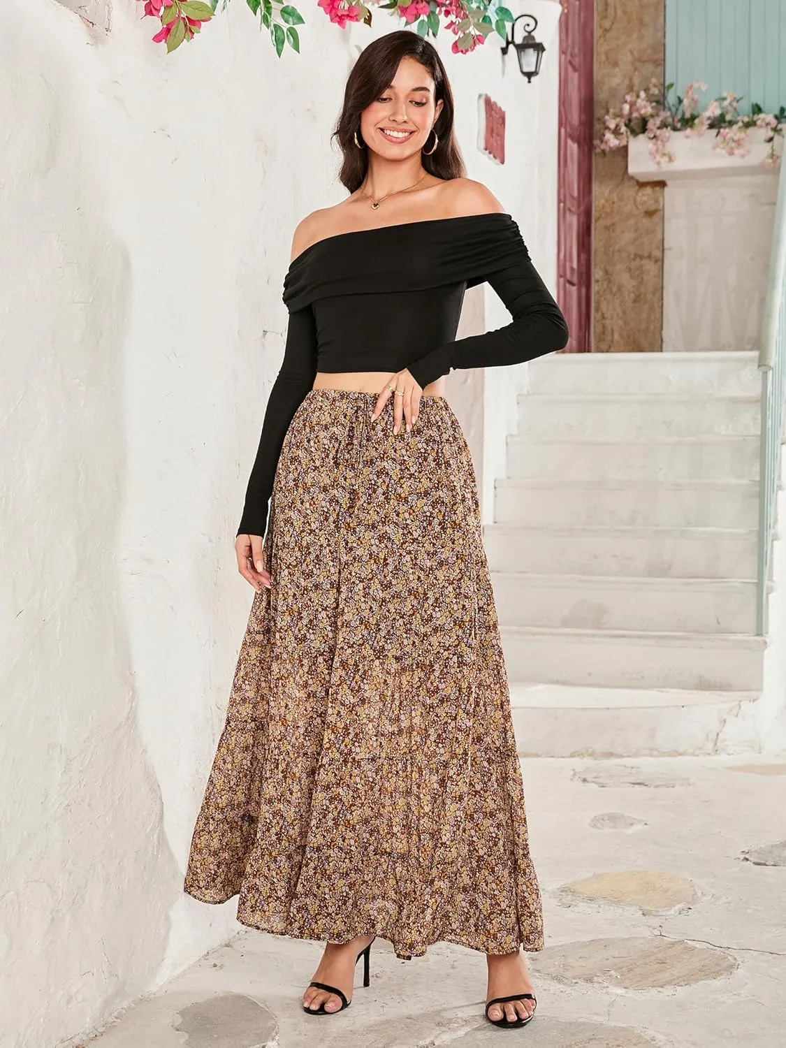 Tsher Women's Casual High Elastic Waist Ruffle Boho Pleated A-line Long Maxi Skirts 0333