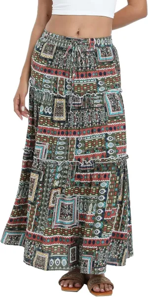 Tsher Women's Casual High Elastic Waist Ruffle Boho Pleated A-line Long Maxi Skirts 0333