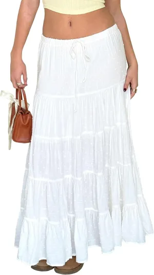 Tsher Women's Casual High Elastic Waist Ruffle Boho Pleated A-line Long Maxi Skirts 0333