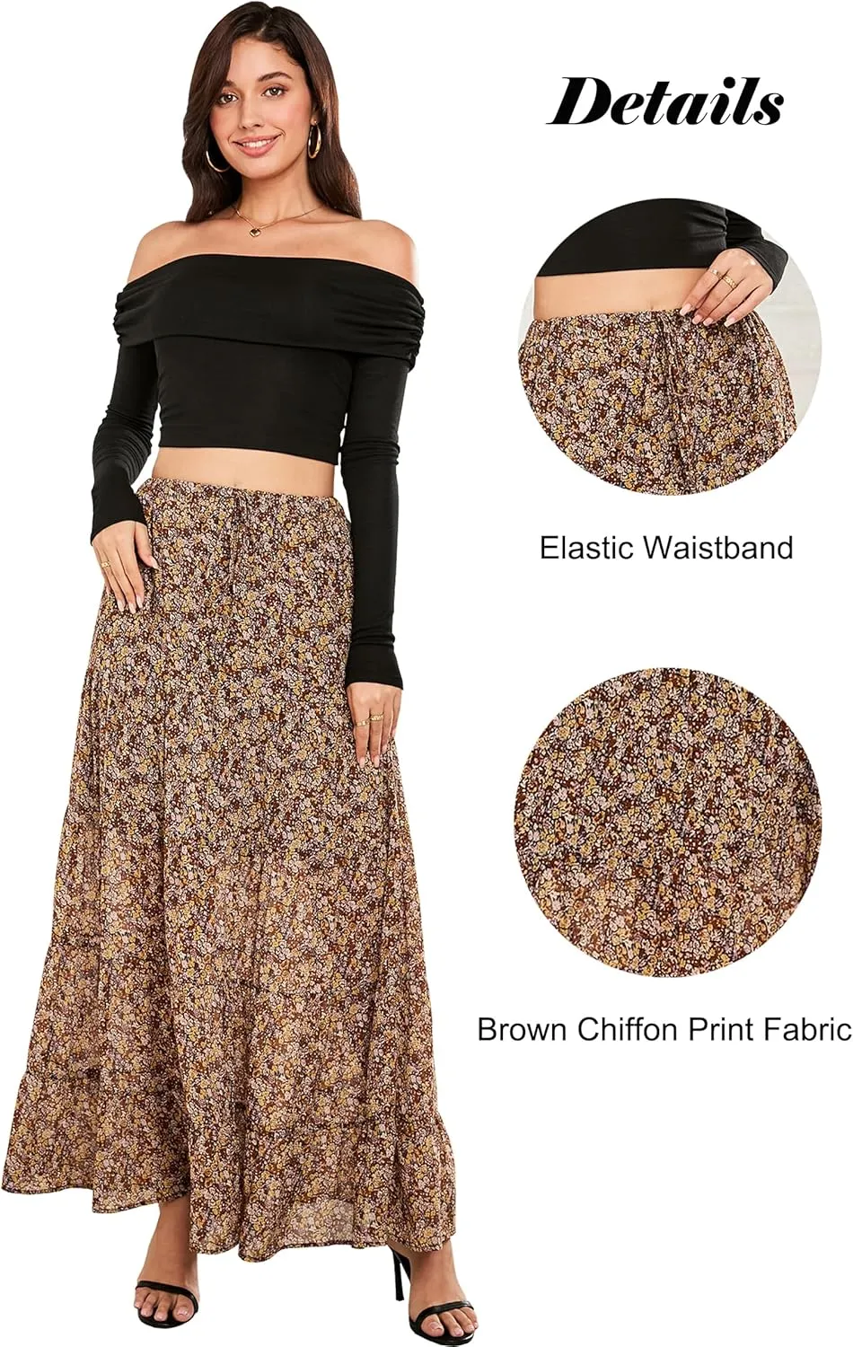 Tsher Women's Casual High Elastic Waist Ruffle Boho Pleated A-line Long Maxi Skirts 0333