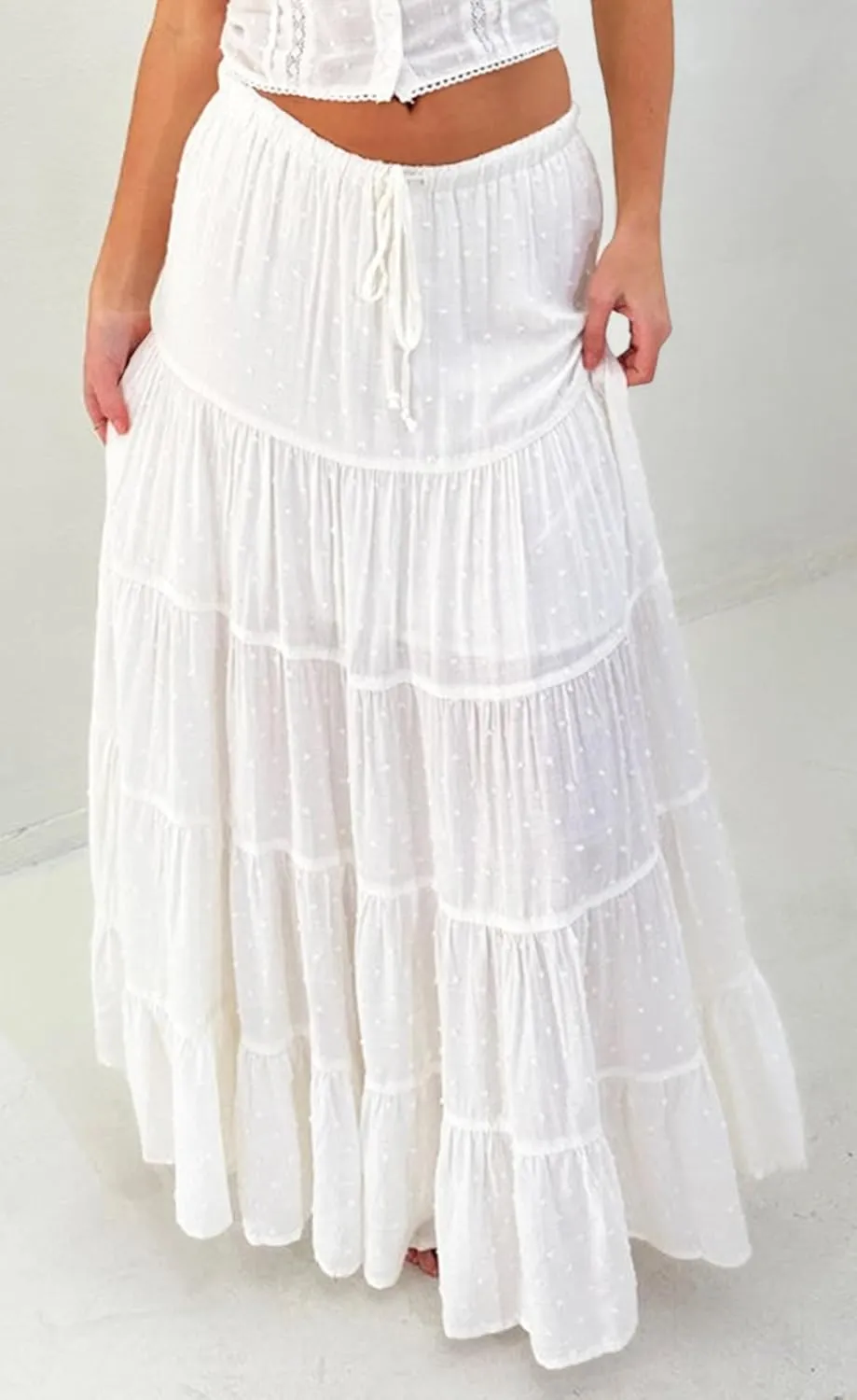 Tsher Women's Casual High Elastic Waist Ruffle Boho Pleated A-line Long Maxi Skirts 0333