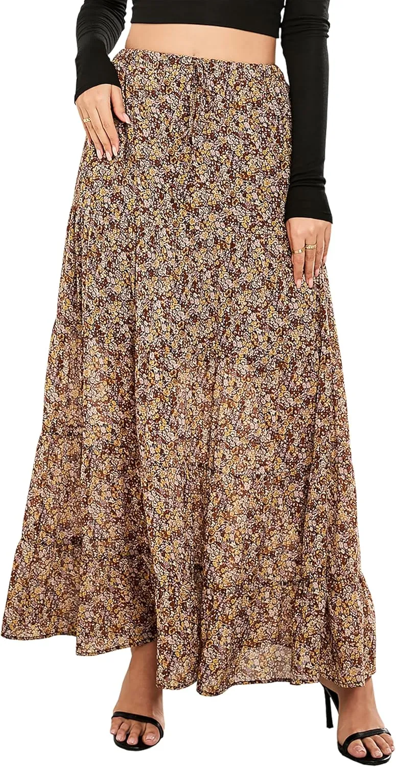 Tsher Women's Casual High Elastic Waist Ruffle Boho Pleated A-line Long Maxi Skirts 0333