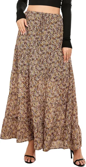 Tsher Women's Casual High Elastic Waist Ruffle Boho Pleated A-line Long Maxi Skirts 0333