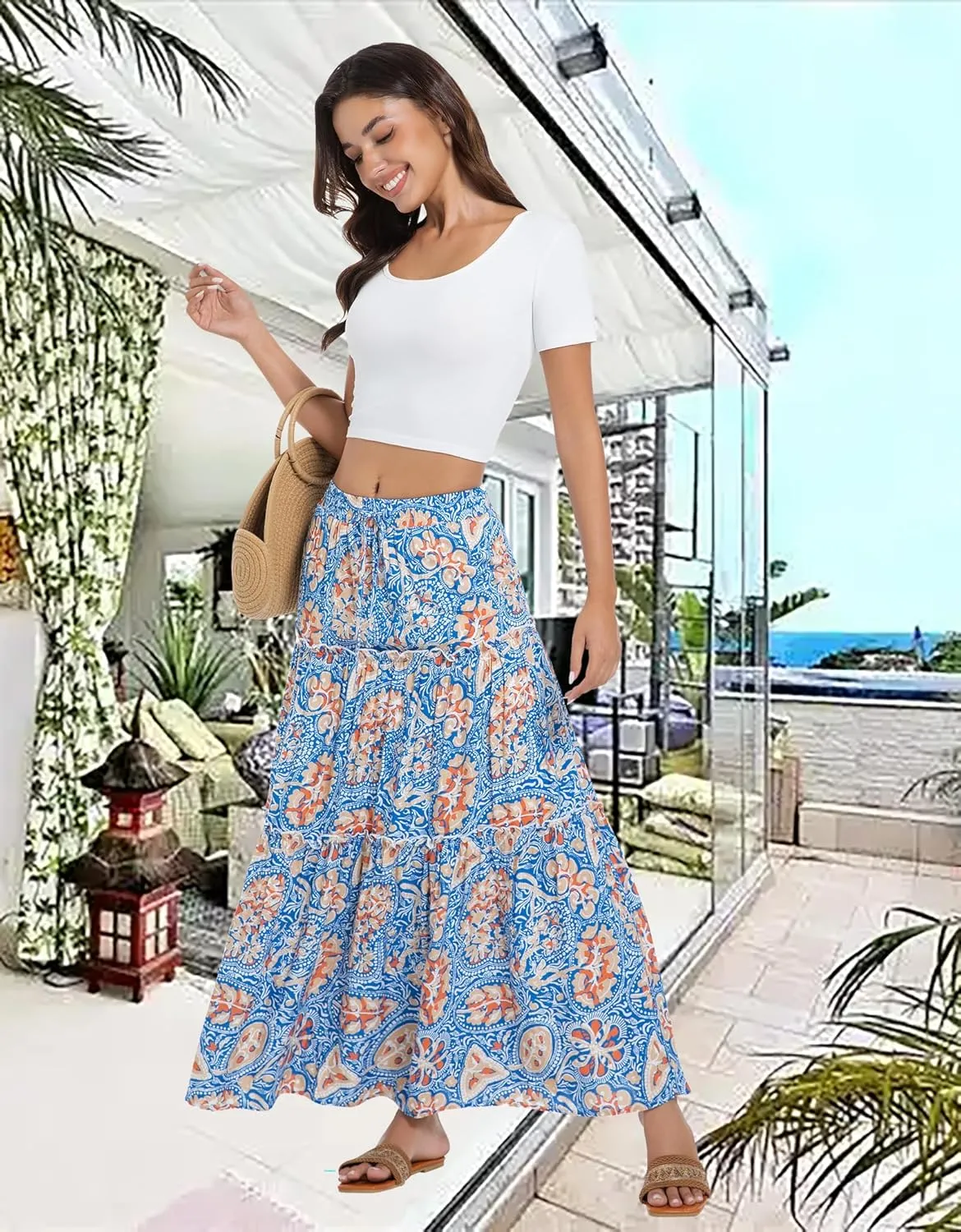 Tsher Women's Casual High Elastic Waist Ruffle Boho Pleated A-line Long Maxi Skirts 0333