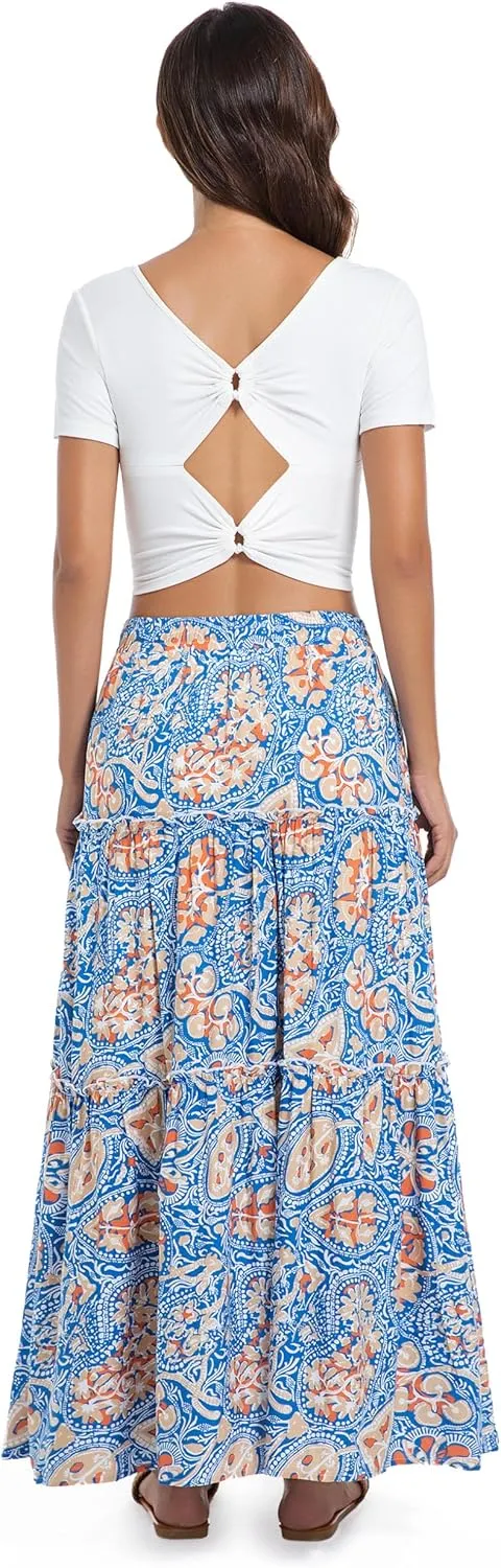 Tsher Women's Casual High Elastic Waist Ruffle Boho Pleated A-line Long Maxi Skirts 0333