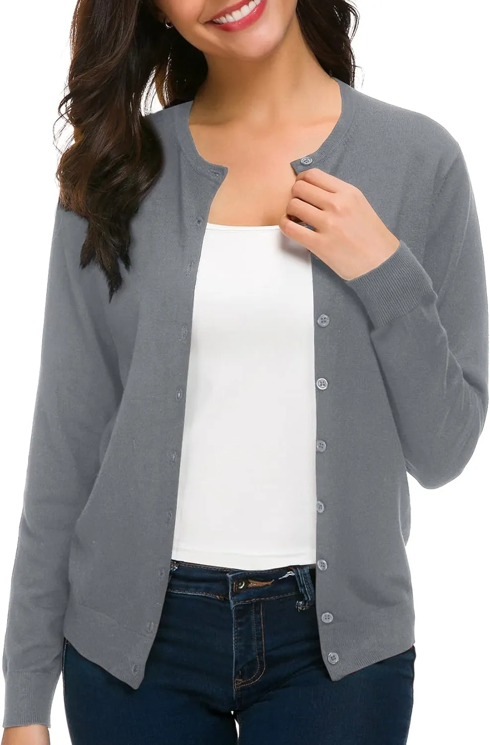 Urban CoCo Women's Long Sleeve Crew Neck Button Down Knit Cardigan Sweater