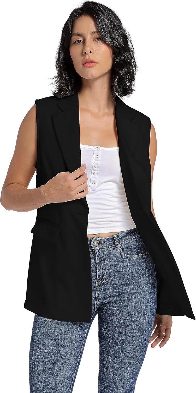 V VOCNI Long Vest for Women Sleeveless Blazer Jacket Open Front Button Lapel Duster Trench Cardigan