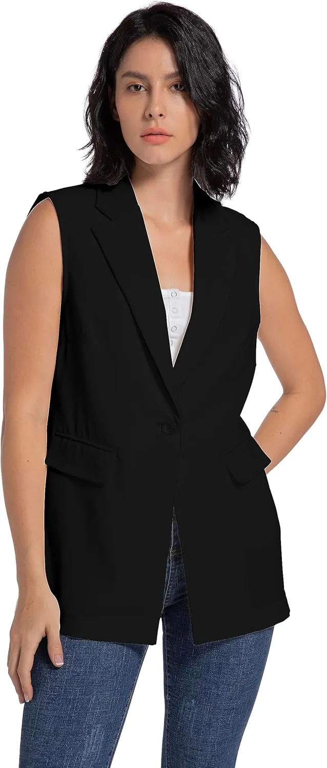 V VOCNI Long Vest for Women Sleeveless Blazer Jacket Open Front Button Lapel Duster Trench Cardigan