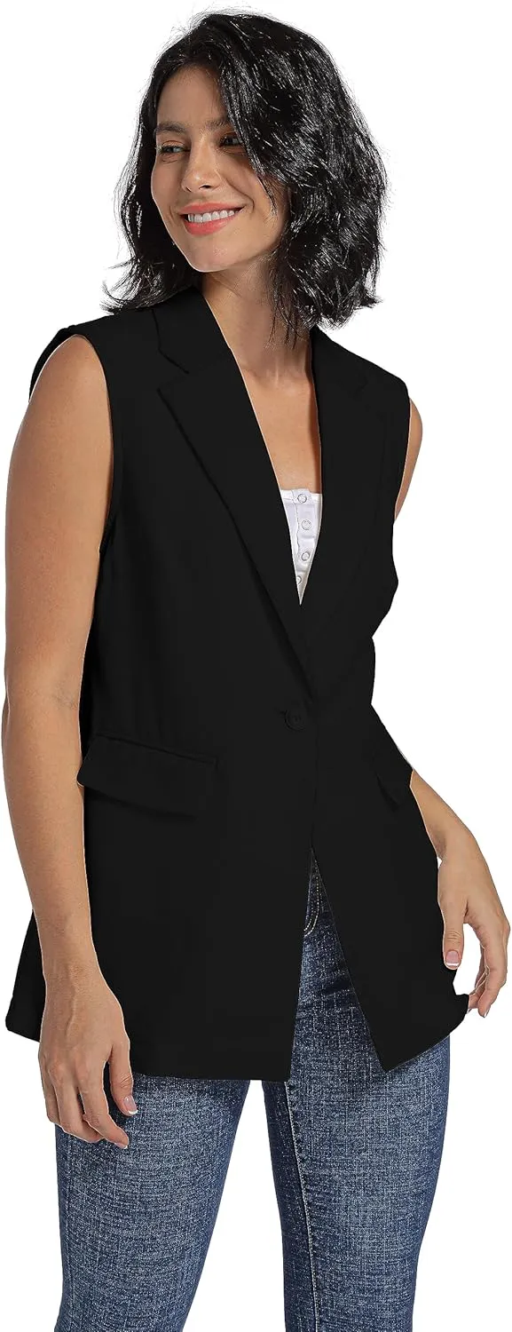 V VOCNI Long Vest for Women Sleeveless Blazer Jacket Open Front Button Lapel Duster Trench Cardigan